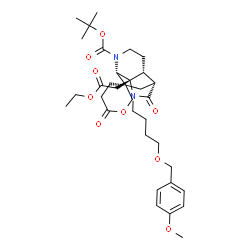 ChemSpider 2D Image | 2-Methyl-2-propanyl (1S,2R,4R,7S,8R)-7-(2-ethoxy-2-oxoethyl)-6-{4-[(4-methoxybenzyl)oxy]butyl}-5,6'-dioxodihydro-4'H,11H-spiro[6,11-diazatricyclo[5.4.0.0~4,8~]undecane-2,3'-pyran]-11-carboxylate | C34H48N2O9