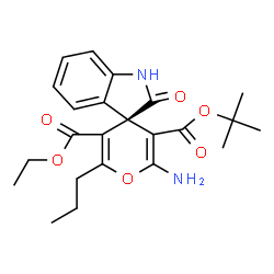 ChemSpider 2D Image | 5'-Ethyl 3'-(2-methyl-2-propanyl) (3R)-2'-amino-2-oxo-6'-propyl-1,2-dihydrospiro[indole-3,4'-pyran]-3',5'-dicarboxylate | C23H28N2O6