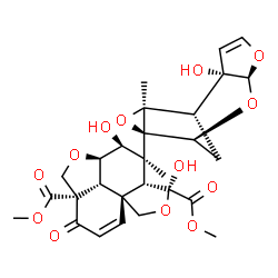 ChemSpider 2D Image | Dimethyl (2aR,3S,4S,4aR,5S,7aR,10aS,10bR)-3,5-dihydroxy-4-[(1S,2S,6S,8S,9R,11S)-2-hydroxy-11-methyl-5,7,10-trioxatetracyclo[6.3.1.0~2,6~.0~9,11~]dodec-3-en-9-yl]-4-methyl-10-oxo-2a,3,4,4a,5,10b-hexahy
dro-1H-furo[3',4':4,4a]naphtho[1,8-bc]furan-5,10a(10H)-dicarboxylate | C28H32O13