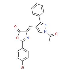 ChemSpider 2D Image | (4Z)-4-[(1-Acetyl-3-phenyl-1H-pyrazol-4-yl)methylene]-2-(4-bromophenyl)-1,3-oxazol-5(4H)-one | C21H14BrN3O3