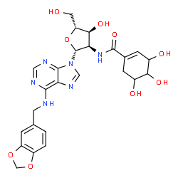 ChemSpider 2D Image | N-(1,3-Benzodioxol-5-ylmethyl)-2'-deoxy-2'-{[(3,4,5-trihydroxy-1-cyclohexen-1-yl)carbonyl]amino}adenosine | C25H28N6O9
