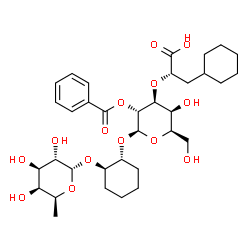 ChemSpider 2D Image | (1R,2R)-2-[(6-Deoxy-alpha-L-galactopyranosyl)oxy]cyclohexyl 2-O-benzoyl-3-O-[(1S)-1-carboxy-2-cyclohexylethyl]-beta-D-galactopyranoside | C34H50O14