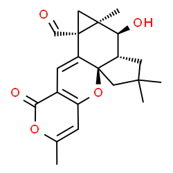 ChemSpider 2D Image | (5aR,8aS,9S,9aR,10aR)-9-Hydroxy-3,7,7,9a-tetramethyl-1-oxo-7,8,8a,9,9a,10-hexahydro-1H-cyclopenta[i]cyclopropa[f]pyrano[4,3-b]chromene-10a(6H)-carbaldehyde | C21H24O5