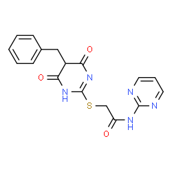ChemSpider 2D Image | 2-[(5-Benzyl-4,6-dioxo-1,4,5,6-tetrahydro-2-pyrimidinyl)sulfanyl]-N-(2-pyrimidinyl)acetamide | C17H15N5O3S