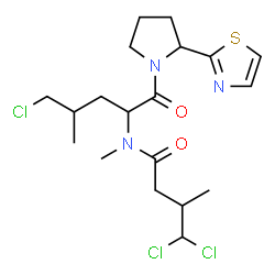 ChemSpider 2D Image | 4,4-Dichloro-N-{5-chloro-4-methyl-1-oxo-1-[2-(1,3-thiazol-2-yl)-1-pyrrolidinyl]-2-pentanyl}-N,3-dimethylbutanamide | C19H28Cl3N3O2S