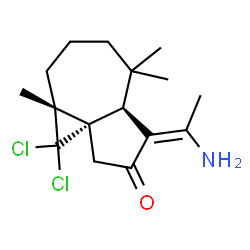 ChemSpider 2D Image | (1aS,4Z,4aS,8aR)-4-(1-Aminoethylidene)-1,1-dichloro-5,5,8a-trimethyloctahydrocyclopropa[d]azulen-3(2H)-one | C16H23Cl2NO