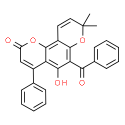 ChemSpider 2D Image | 6-Benzoyl-5-hydroxy-8,8-dimethyl-4-phenyl-2H,8H-pyrano[2,3-f]chromen-2-one | C27H20O5
