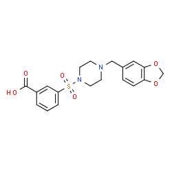 ChemSpider 2D Image | 3-{[4-(1,3-Benzodioxol-5-ylmethyl)-1-piperazinyl]sulfonyl}benzoic acid | C19H20N2O6S