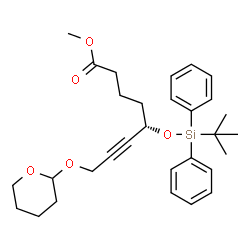 ChemSpider 2D Image | Methyl (5S)-5-{[(2-methyl-2-propanyl)(diphenyl)silyl]oxy}-8-(tetrahydro-2H-pyran-2-yloxy)-6-octynoate | C30H40O5Si