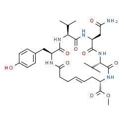 ChemSpider 2D Image | Methyl (2S,5S,8S,11S,14S,16E)-8-(2-amino-2-oxoethyl)-2-(4-hydroxybenzyl)-5,11-diisopropyl-3,6,9,12,20-pentaoxo-1,4,7,10,13-pentaazacycloicos-16-ene-14-carboxylate | C32H46N6O9