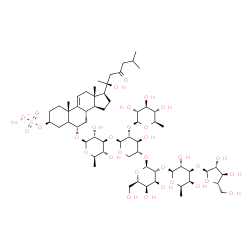 ChemSpider 2D Image | Sodium (3beta,6alpha)-6-{[alpha-L-arabinofuranosyl-(1->3)-6-deoxy-beta-D-galactopyranosyl-(1->2)-beta-D-galactopyranosyl-(1->4)-[6-deoxy-beta-D-glucopyranosyl-(1->2)]-beta-D-xylopyranosyl-(1->3)-6-deo
xy-beta-D-glucopyranosyl]oxy}-20-hydroxy-23-oxocholest-9(11)-en-3-yl sulfate | C61H99NaO32S