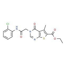 ChemSpider 2D Image | Ethyl 3-{2-[(2-chlorophenyl)amino]-2-oxoethyl}-5-methyl-4-oxo-3,4-dihydrothieno[2,3-d]pyrimidine-6-carboxylate | C18H16ClN3O4S