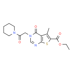 ChemSpider 2D Image | Ethyl 5-methyl-4-oxo-3-[2-oxo-2-(1-piperidinyl)ethyl]-3,4-dihydrothieno[2,3-d]pyrimidine-6-carboxylate | C17H21N3O4S
