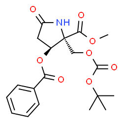 ChemSpider 2D Image | Methyl (3S)-3-(benzoyloxy)-2-[({[(2-methyl-2-propanyl)oxy]carbonyl}oxy)methyl]-5-oxo-D-prolinate | C19H23NO8