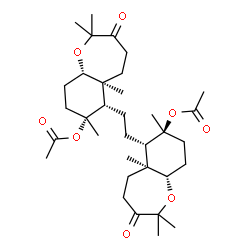 ChemSpider 2D Image | (5aS,6S,7R,9aS)-6-{2-[(5aS,6S,7S,9aS)-7-Acetoxy-2,2,5a,7-tetramethyl-3-oxodecahydro-1-benzoxepin-6-yl]ethyl}-2,2,5a,7-tetramethyl-3-oxodecahydro-1-benzoxepin-7-yl acetate | C34H54O8