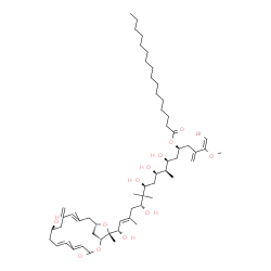 ChemSpider 2D Image | (1E,5S,7S,8S,9R,11S,13R,15E,17S)-1-Bromo-7,9,11,13,17-pentahydroxy-17-[(1R,9R,15S,17R)-9-hydroxy-5,13,17-trimethyl-11-methylene-3-oxo-2,16-dioxabicyclo[13.2.1]octadeca-4,6,12-trien-17-yl]-2-methoxy-8,
12,12,15-tetramethyl-3-methylene-1,15-heptadecadien-5-yl hexadecanoate | C59H97BrO12