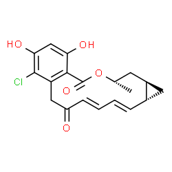 ChemSpider 2D Image | (1aS,2E,4E,14S,15aR)-8-Chloro-9,11-dihydroxy-14-methyl-1a,14,15,15a-tetrahydrocyclopropa[e][2]benzoxacyclotetradecine-6,12(1H,7H)-dione | C19H19ClO5
