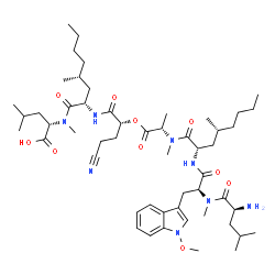 ChemSpider 2D Image | L-Leucyl-N-{(4S,7S,10R,13S,16S,18R)-4-carboxy-10-(2-cyanoethyl)-2,5,13,14,18-pentamethyl-7-[(2R)-2-methylhexyl]-6,9,12,15-tetraoxo-11-oxa-5,8,14-triazadocosan-16-yl}-1-methoxy-Nalpha-methyl-L-tryptoph
anamide | C53H86N8O10