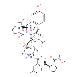 ChemSpider 2D Image | 1-[(2S)-2-Hydroxypropanoyl]-L-prolyl-N-{(6S,9S,11S,15S,16R,19S,20R,22aS,30aS)-16-[(2S)-2-butanyl]-15-hydroxy-6-isobutyl-11-isopropyl-26-methoxy-9,20-dimethyl-5,8,10,13,18,22,30-heptaoxo-2,3,6,7,8,9,10
,11,13,14,15,16,17,18,19,20,22,22a,23,28,30,30a-docosahydro-1H,5H-pyrrolo[2',1':6,7][1,15,4,7,10,20]dioxatetraazacyclotricosino[4,3-b]isoquinolin-19-yl}-N~2~-methyl-D-leucinamide | C57H87N7O15