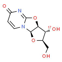 ChemSpider 2D Image | (2R,3R,3aS,9aR)-3-(~17~O)Hydroxy-2-(hydroxymethyl)-2,3,3a,9a-tetrahydro-6H-furo[2',3':4,5][1,3]oxazolo[3,2-a]pyrimidin-6-one | C9H10N2O417O