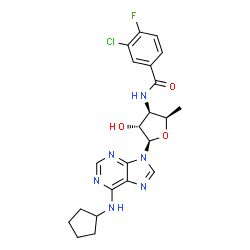 ChemSpider 2D Image | 9-{3-[(3-Chloro-4-fluorobenzoyl)amino]-3,5-dideoxy-beta-D-xylofuranosyl}-N-cyclopentyl-9H-purin-6-amine | C22H24ClFN6O3