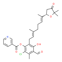 ChemSpider 2D Image | 2-Chloro-6-{(2E,6E)-7-[(2S)-5,5-dimethyl-4-oxotetrahydro-2-furanyl]-3-methyl-2,6-octadien-1-yl}-4-formyl-5-hydroxy-3-methylphenyl nicotinate | C29H32ClNO6