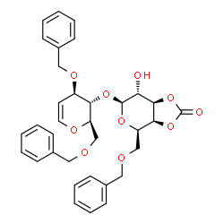 ChemSpider 2D Image | 1,5-Anhydro-3,6-di-O-benzyl-4-O-[6-O-benzyl-3,4-O-(oxomethylene)-beta-D-galactopyranosyl]-2-deoxy-D-arabino-hex-1-enitol | C34H36O10