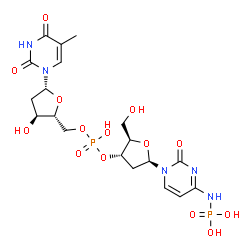 ChemSpider 2D Image | {1-[(2R,4S,5R)-4-[(Hydroxy{[(2R,3S,5R)-3-hydroxy-5-(5-methyl-2,4-dioxo-3,4-dihydro-1(2H)-pyrimidinyl)tetrahydro-2-furanyl]methoxy}phosphoryl)oxy]-5-(hydroxymethyl)tetrahydro-2-furanyl]-2-oxo-1,2-dihyd
ro-4-pyrimidinyl}phosphoramidic acid | C19H27N5O14P2