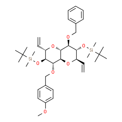 ChemSpider 2D Image | [{(2R,3R,4R,4aR,6S,7S,8S,8aS)-4-(Benzyloxy)-8-[(4-methoxybenzyl)oxy]-2,6-divinyloctahydropyrano[3,2-b]pyran-3,7-diyl}bis(oxy)]bis[dimethyl(2-methyl-2-propanyl)silane] | C39H60O7Si2