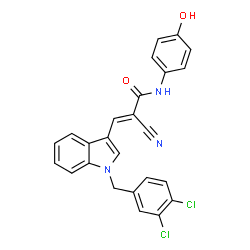 ChemSpider 2D Image | (2E)-2-Cyano-3-[1-(3,4-dichlorobenzyl)-1H-indol-3-yl]-N-(4-hydroxyphenyl)acrylamide | C25H17Cl2N3O2