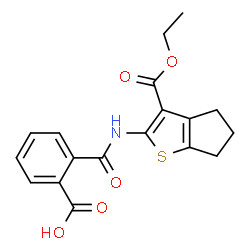 ChemSpider 2D Image | 2-{[3-(Ethoxycarbonyl)-5,6-dihydro-4H-cyclopenta[b]thiophen-2-yl]carbamoyl}benzoic acid | C18H17NO5S