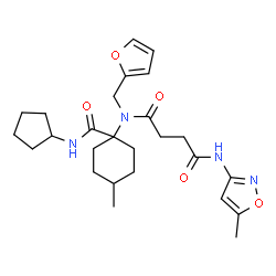 ChemSpider 2D Image | N-[1-(Cyclopentylcarbamoyl)-4-methylcyclohexyl]-N-(2-furylmethyl)-N'-(5-methyl-1,2-oxazol-3-yl)succinamide | C26H36N4O5