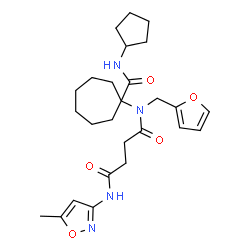 ChemSpider 2D Image | N-[1-(Cyclopentylcarbamoyl)cycloheptyl]-N-(2-furylmethyl)-N'-(5-methyl-1,2-oxazol-3-yl)succinamide | C26H36N4O5