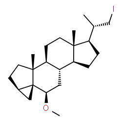 ChemSpider 2D Image | (1aR,3aR,3bS,5aS,6R,8aS,8bS,10R,10aR)-6-[(2S)-1-Iodo-2-propanyl]-10-methoxy-3a,5a-dimethylhexadecahydrocyclopenta[a]cyclopropa[2,3]cyclopenta[1,2-f]naphthalene | C23H37IO