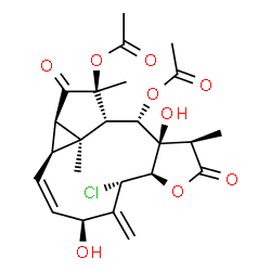 ChemSpider 2D Image | (1R,3aR,4S,6S,7Z,8aS,9R,9aR,10S,11S,11aR,12S)-4-Chloro-6,11a-dihydroxy-1,9a,12-trimethyl-5-methylene-2,13-dioxo-1,2,3a,4,5,6,8a,9,9a,10,11,11a-dodecahydro-9,10-ethanocyclopropa[5,6]cycloundeca[1,2-b]f
uran-11,12-diyl diacetate | C24H29ClO9