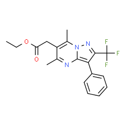ChemSpider 2D Image | Ethyl [5,7-dimethyl-3-phenyl-2-(trifluoromethyl)pyrazolo[1,5-a]pyrimidin-6-yl]acetate | C19H18F3N3O2