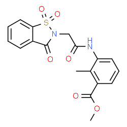 ChemSpider 2D Image | Methyl 3-{[(1,1-dioxido-3-oxo-1,2-benzothiazol-2(3H)-yl)acetyl]amino}-2-methylbenzoate | C18H16N2O6S