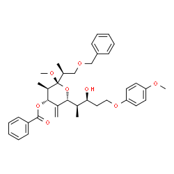 ChemSpider 2D Image | Methyl (5R)-3-O-benzoyl-1-C-[(2S)-1-(benzyloxy)-2-propanyl]-2,4-dideoxy-5-[(2R,3S)-3-hydroxy-5-(4-methoxyphenoxy)-2-pentanyl]-2-methyl-4-methylene-beta-L-threo-pentopyranoside | C37H46O8