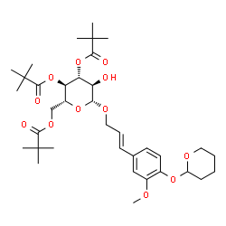ChemSpider 2D Image | (2E)-3-[3-Methoxy-4-(tetrahydro-2H-pyran-2-yloxy)phenyl]-2-propen-1-yl 3,4,6-tris-O-(2,2-dimethylpropanoyl)-beta-D-glucopyranoside | C36H54O12