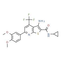 ChemSpider 2D Image | 3-Amino-N-cyclopropyl-6-(3,4-dimethoxyphenyl)-4-(trifluoromethyl)thieno[2,3-b]pyridine-2-carboxamide | C20H18F3N3O3S