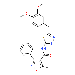 ChemSpider 2D Image | N-[5-(3,4-Dimethoxybenzyl)-1,3,4-thiadiazol-2-yl]-5-methyl-3-phenyl-1,2-oxazole-4-carboxamide | C22H20N4O4S