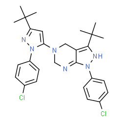 ChemSpider 2D Image | 1-(4-Chlorophenyl)-5-[1-(4-chlorophenyl)-3-(2-methyl-2-propanyl)-1H-pyrazol-5-yl]-3-(2-methyl-2-propanyl)-2,4,5,6-tetrahydro-1H-pyrazolo[3,4-d]pyrimidine | C28H32Cl2N6
