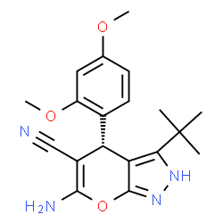 ChemSpider 2D Image | (4S)-6-Amino-4-(2,4-dimethoxyphenyl)-3-(2-methyl-2-propanyl)-2,4-dihydropyrano[2,3-c]pyrazole-5-carbonitrile | C19H22N4O3