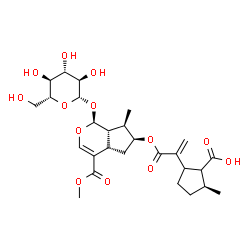 ChemSpider 2D Image | (5S)-2-(3-{[(1S,4aS,6S,7R,7aS)-1-(beta-D-Glucopyranosyloxy)-4-(methoxycarbonyl)-7-methyl-1,4a,5,6,7,7a-hexahydrocyclopenta[c]pyran-6-yl]oxy}-3-oxo-1-propen-2-yl)-5-methylcyclopentanecarboxylic acid | C27H38O13