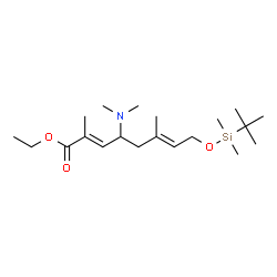 ChemSpider 2D Image | Ethyl (2E,6E)-4-(dimethylamino)-8-{[dimethyl(2-methyl-2-propanyl)silyl]oxy}-2,6-dimethyl-2,6-octadienoate | C20H39NO3Si