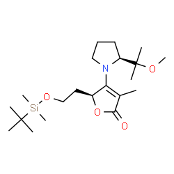 ChemSpider 2D Image | (5S)-5-(2-{[Dimethyl(2-methyl-2-propanyl)silyl]oxy}ethyl)-4-[(2S)-2-(2-methoxy-2-propanyl)-1-pyrrolidinyl]-3-methyl-2(5H)-furanone | C21H39NO4Si