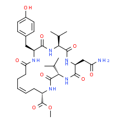 ChemSpider 2D Image | Methyl (2S,5S,8S,11S,14S,16Z)-8-(2-amino-2-oxoethyl)-2-(4-hydroxybenzyl)-5,11-diisopropyl-3,6,9,12,20-pentaoxo-1,4,7,10,13-pentaazacycloicos-16-ene-14-carboxylate | C32H46N6O9