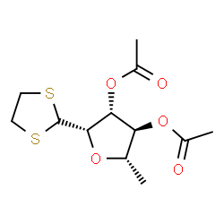 ChemSpider 2D Image | (2S,3R,4S,5S)-2-(1,3-Dithiolan-2-yl)-5-methyltetrahydrofuran-3,4-diyl diacetate | C12H18O5S2