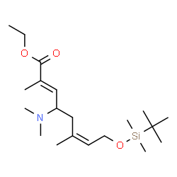 ChemSpider 2D Image | Ethyl (2E,6Z)-4-(dimethylamino)-8-{[dimethyl(2-methyl-2-propanyl)silyl]oxy}-2,6-dimethyl-2,6-octadienoate | C20H39NO3Si