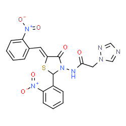 ChemSpider 2D Image | N-[(5Z)-5-(2-Nitrobenzylidene)-2-(2-nitrophenyl)-4-oxo-1,3-thiazolidin-3-yl]-2-(1H-1,2,4-triazol-1-yl)acetamide | C20H15N7O6S